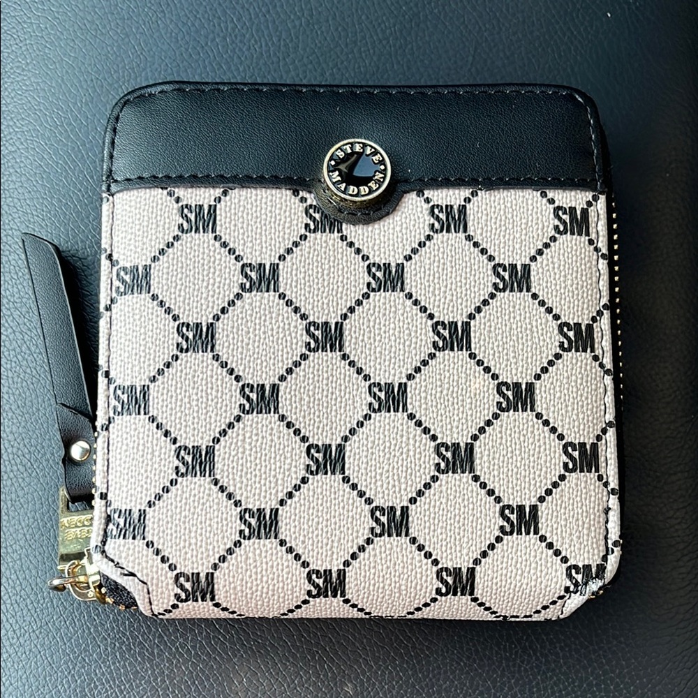 Steve Madden Black and Cream Wallet with Monogram Pattern